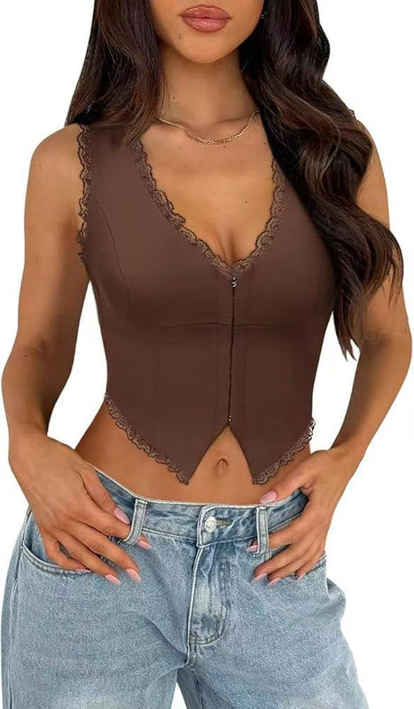 2-Pack Brown French Vintage Lace Splice Camisole(L Size) - Slim Fit Halter Top with Back Detail and Button Placket