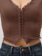 2-Pack Brown French Vintage Lace Splice Camisole(L Size) - Slim Fit Halter Top with Back Detail and Button Placket