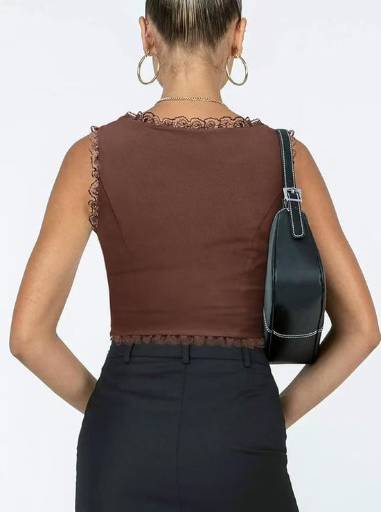 2-Pack Brown French Vintage Lace Splice Camisole(2XL Size) - Slim Fit Halter Top with Back Detail and Button Placket