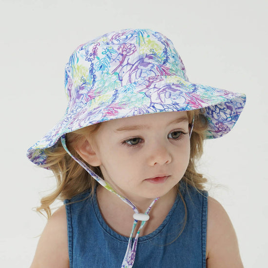 2-Pack Purple Flower Pattern Kids Sun Hat and Travel Beach Fisherman Cap(M Size for Head Circumference 52-54) - Breathable UV Protection Cap