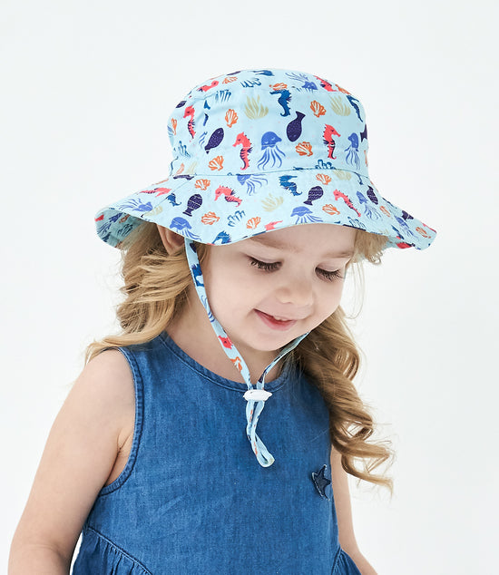 2-Pack Blue Seahorse Pattern Kids Sun Hat and Travel Beach Fisherman Cap(M Size for Head Circumference 52-54) - Breathable UV Protection Cap