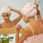 Thickened Double-Layer Pink Checkered Printed Waterproof Shower Cap for Women - Thickened Reusable Bath Hair Cover for Adults