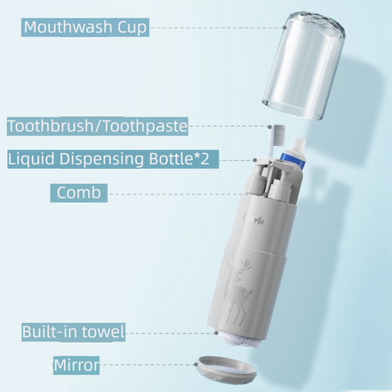 Grey Deluxe 8-in-1 Travel Toiletry Set - Portable All-in-One Toothbrush Holder, Wash Cup, Towel and 2 * Refill Bottles for Travel & Camping