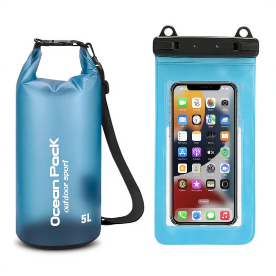 Blue 5L PVC Waterproof Swimming Bag Bonus with Waterproof Phone Pouch - Roll-Top Floating Dry Gear Bags for Beach, Kayaking & Outdoor Sports