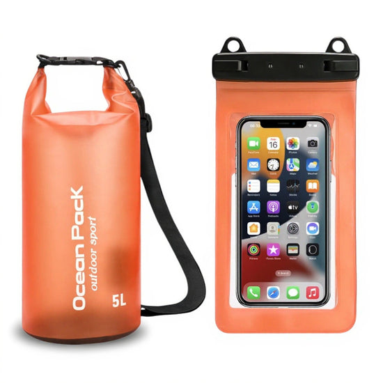 Orange 5L PVC Waterproof Swimming Bag Bonus with Waterproof Phone Pouch - Roll-Top Floating Dry Gear Bags for Beach, Kayaking & Outdoor Sports