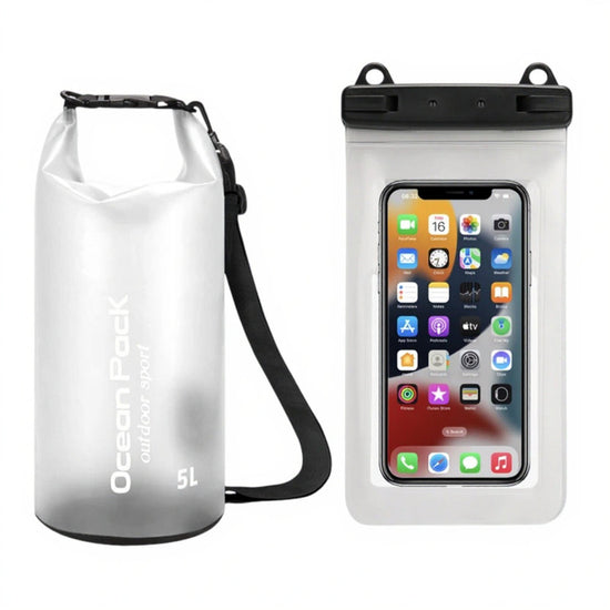 White 5L PVC Waterproof Swimming Bag Bonus with Waterproof Phone Pouch - Roll-Top Floating Dry Gear Bags for Beach, Kayaking & Outdoor Sports