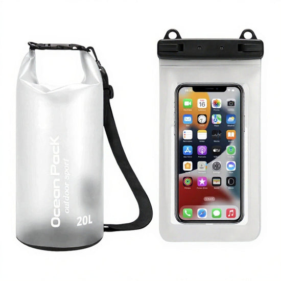 White 20L PVC Waterproof Swimming Bag Bonus with Waterproof Phone Pouch - Roll-Top Floating Dry Gear Bags for Beach, Kayaking & Outdoor Sports