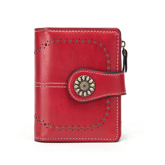 Red Korean Style Cutout Compact PU Leather Wallet - Women&