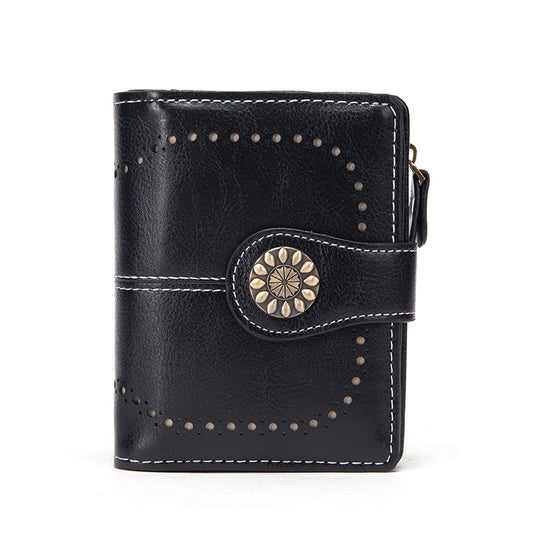 Black Korean Style Cutout Compact PU Leather Wallet - Women&