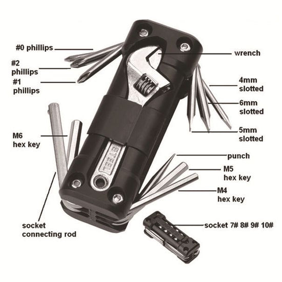 Black Compact 16-in-1 Bicycle & Motorcycle Repair Multi-Tool with Adjustable Wrench & Socket Set