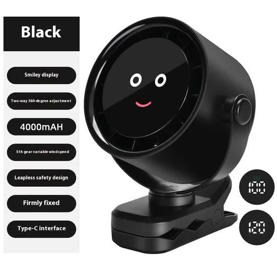 Black Portable Stroller Fan with LED Display - Bladeless Safety Clip-On Fan for Baby & Desk (4000mAh, 360 degree Rotation)