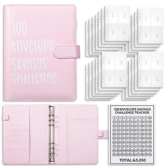 Pink 100 Envelope Savings Challenge Binder - A5 Budget Planner & Money Organizer with Zipper Pockets - Perfect for Couples & Families