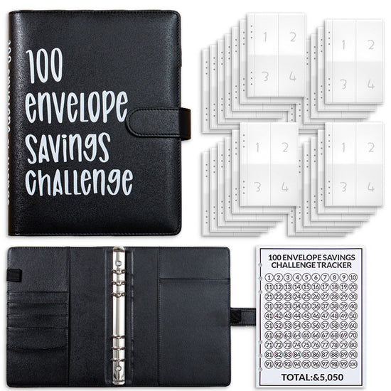 Black 100 Envelope Savings Challenge Binder - A5 Budget Planner & Money Organizer with Zipper Pockets - Perfect for Couples & Families
