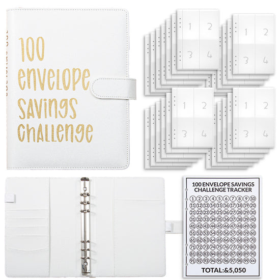White 100 Envelope Savings Challenge Binder - A5 Budget Planner & Money Organizer with Zipper Pockets - Perfect for Couples & Families