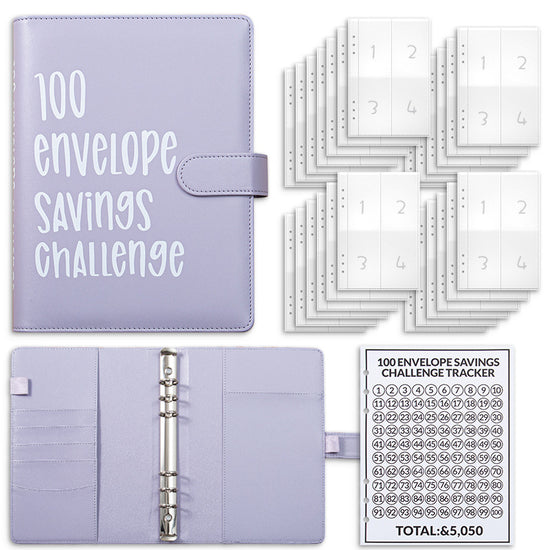 Purple 100 Envelope Savings Challenge Binder - A5 Budget Planner & Money Organizer with Zipper Pockets - Perfect for Couples & Families