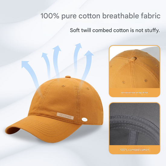 Yellow Premium Pure Cotton Quick-Dry Baseball Cap - Outdoor Sports & Camping Sun Hat, Adjustable Fit(59-65cm)
