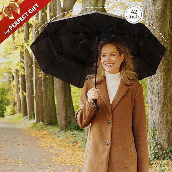 Yellow Automatic Windproof Travel Umbrella Compact Folding Umbrella Auto Open and Close with Vented Double Canopy for Rain and Sun