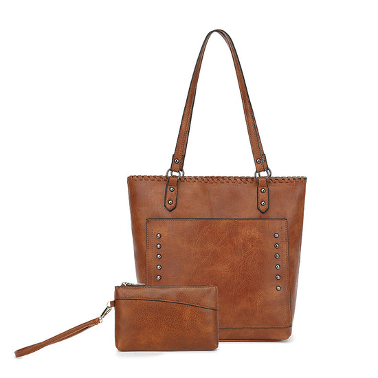 Brown Minimalist Large Capacity Tote Bag with Detachable Pouch – Soft PU Leather Shoulder Handbag for Everyday Use