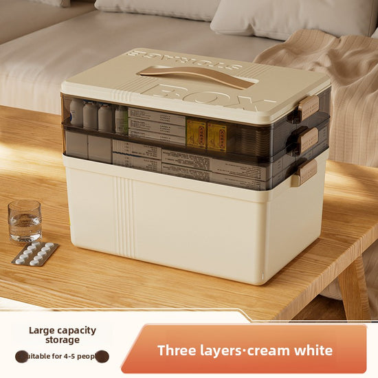 Cream white Large 3 Layer Medicine Storage Box Portable First Aid Kit Organiser with Handle Multi Compartment Container for Family Home Use