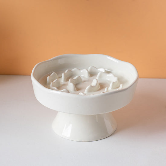 White Ceramic Elevated Slow Feeder Bowl Raised Pet Dish 310ml Anti-Vomit Puzzle Design for Cats and Small Dogs Healthy Digestion Sturdy Base