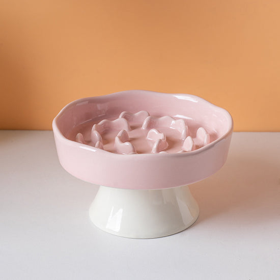 Pink Ceramic Elevated Slow Feeder Bowl Raised Pet Dish 310ml Anti-Vomit Puzzle Design for Cats and Small Dogs Healthy Digestion Sturdy Base