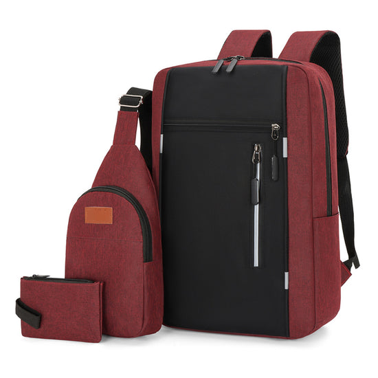 Red 3 Piece Mens Backpack Set with Sling Bag and Pouch USB Charging Port Large Capacity Laptop Daypack Water Resistant Business Travel School Bag