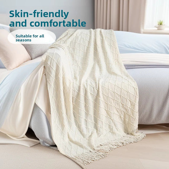 Turmeric Nordic Knitted Throw Blanket with Tassels 130x230cm Soft Acrylic Diamond Pattern Sofa Cover Bed Runner and Travel Blanket