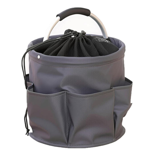 Grey Multi-Function Collapsible Storage Basket with Drawstring Closure Portable Cleaning Caddy and Picnic Organiser Bag with Multiple Pockets