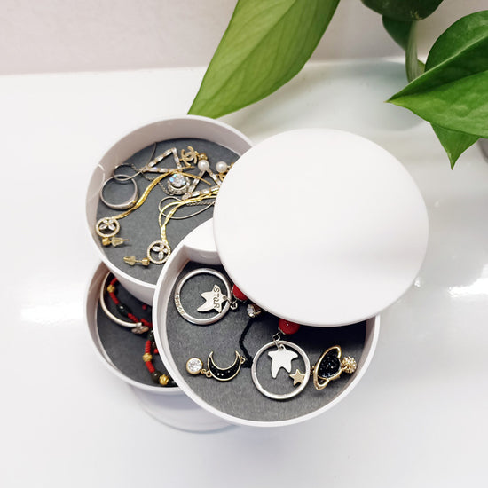 2 Pack White Nordic Style Rotating Jewellery Storage Box 4-Layer Dustproof Organiser Case with Felt Lining for Accessories and Trinkets