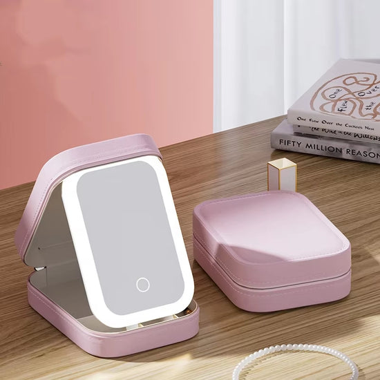 Pink Portable LED Makeup Mirror with Jewellery Storage Box Touch Screen Adjustable Light Travel Cosmetic Organizer Case
