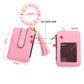 2-PCS Pink Silicone Bead Keychain Bracelet Wallet PU Leather ID Card Holder with Tassel Wristlet Bangle for Women