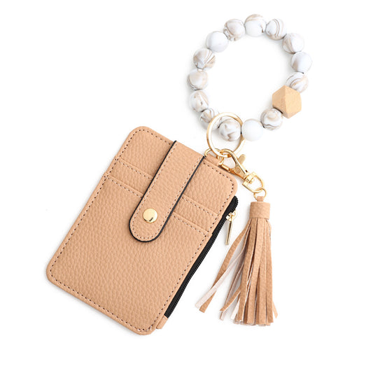 2-PCS Khaki Silicone Bead Keychain Bracelet Wallet PU Leather ID Card Holder with Tassel Wristlet Bangle for Women