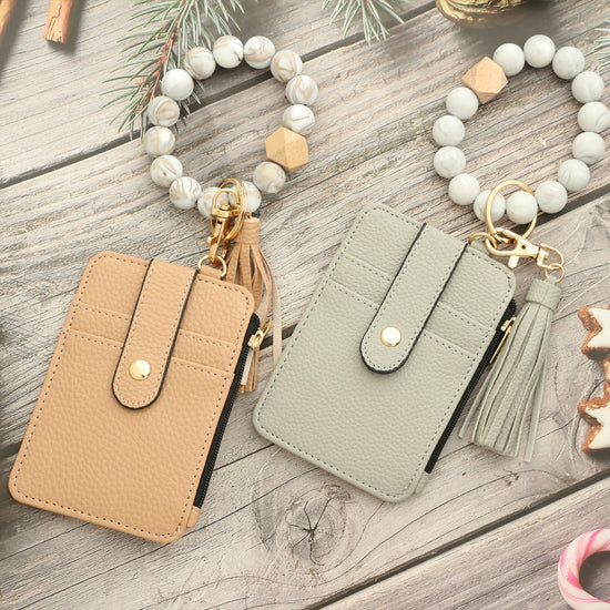 2-PCS Khaki Silicone Bead Keychain Bracelet Wallet PU Leather ID Card Holder with Tassel Wristlet Bangle for Women