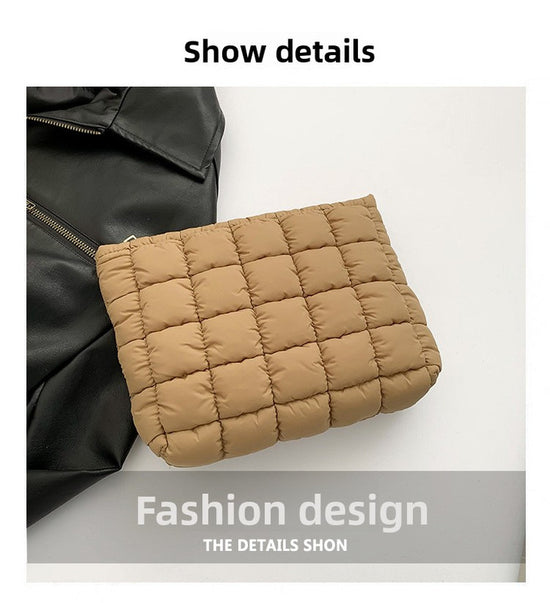 Brown Puffer Makeup Bag Quilted Pouch Cosmetic Organizer Bag Soft Nylon Travel Toiletry Bag Zipper Handbag for Women