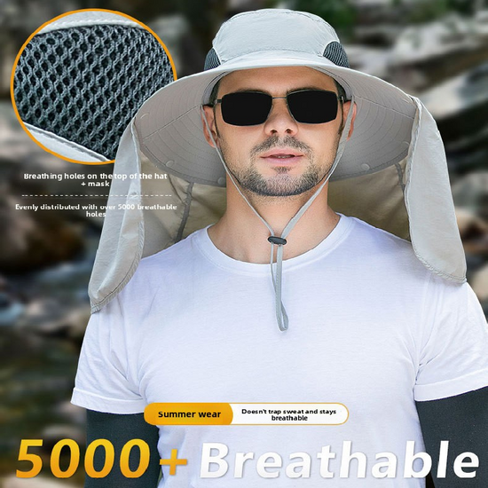 Camouflage light grey UPF 50+ Sun Protection Fishing Hat Wide Brim Neck Flap Quick Dry Bucket Hat for Outdoor Hiking and Gardening