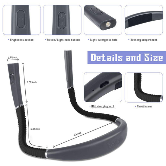 Grey Hands-Free USB Rechargeable Neck Reading Light 3 Colour Modes Flexible LED Book Lamp for Night Reading Knitting Repairing