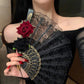 2 Pack White lace pink roses Vintage Lace Folding Fans Gothic Palace Style with Rose Cross Tassels for Tea Party Cosplay and Photo Props