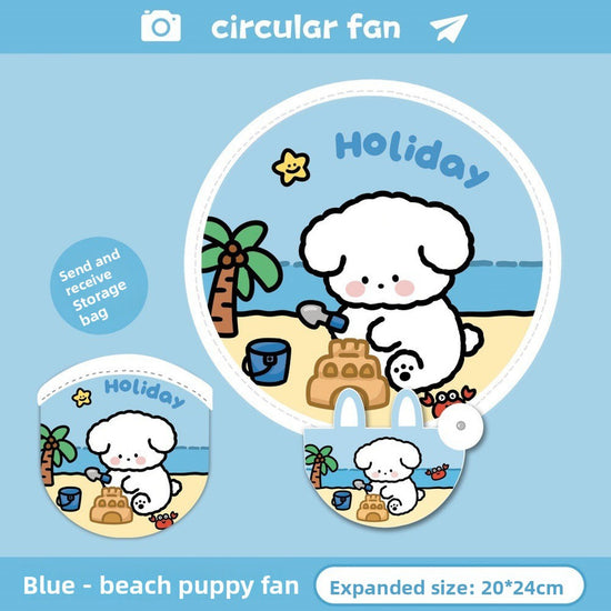 5 Pack Blue Beach puppy Cute Cartoon Folding Hand Fans Portable Mini Circular Fans 20x24cm for Aussie Summer Outdoor Travel with Matching Storage Pouches for Kids and Adults
