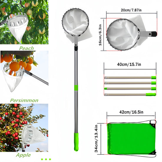 Green Telescopic Fruit Picker Tool with Stainless Steel Extension Pole Carbon Steel Head and Large Bag for Apples Peaches Oranges Australian Home Orchards(4.0m)