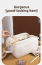 Black Large Capacity PU Leather Makeup Bag Dual Zipper Cosmetic Case Waterproof Travel Toiletry Organiser with Brush Compartment
