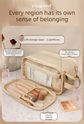 Luxury Cream Beige Large Capacity Makeup Bag – 3-Layer Double Zipper Travel Toiletry Organizer with Waterproof TPU Brush Holders