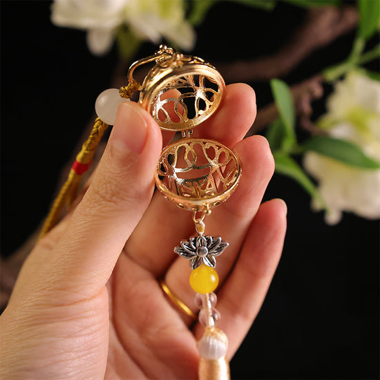 Vintage Silver Hollow Bell Pendant Mirror Ornament Openable Aromatherapy Locket with Tassel Bag Charm