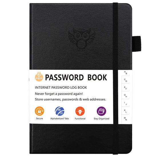 Black Password Log Book with Alphabetical Tabs Internet Address Organizer Small PU Leather Notebook with Owl Design Pen Holder and Inner Pocket Ideal for Home and Office