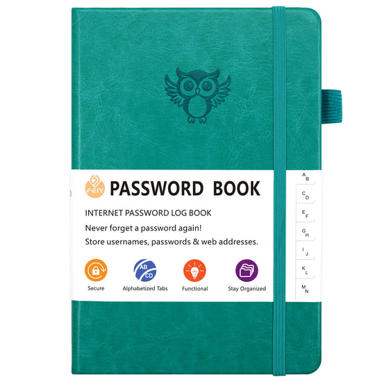 Green Password Log Book with Alphabetical Tabs Internet Address Organizer Small PU Leather Notebook with Owl Design Pen Holder and Inner Pocket Ideal for Home and Office