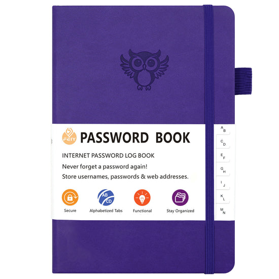 Deep purple Password Log Book with Alphabetical Tabs Internet Address Organizer Small PU Leather Notebook with Owl Design Pen Holder and Inner Pocket Ideal for Home and Office