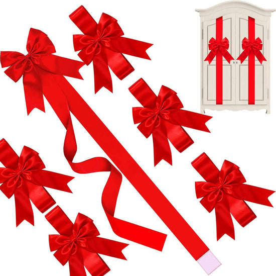 Red Satin Cabinet Door Bows 5 Pack - Large Pre-made Ribbon with Velcro Attachment for Kitchen Cupboards, Weddings, Gift Wrapping & Party Decor - Adjustable Fit