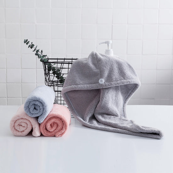 Soft Microfibre Hair Drying Towel Wrap - Super Absorbent Coral Fleece Turban with Secure Button - Quick Dry Bath Head Cap for Wet Hair & Spa - Light blue