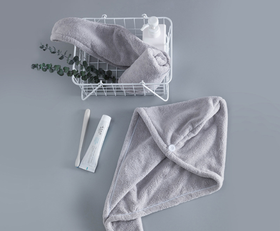 Soft Microfibre Hair Drying Towel Wrap - Super Absorbent Coral Fleece Turban with Secure Button - Quick Dry Bath Head Cap for Wet Hair & Spa - Light gray