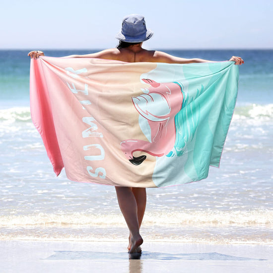 Sand Free Microfibre Beach Towel - Pink Flamingo "Summer" Print Quick Dry Travel Towel 70x150cm(200GSM) - Lightweight Absorbent Bath Sheet for Pool & Holiday