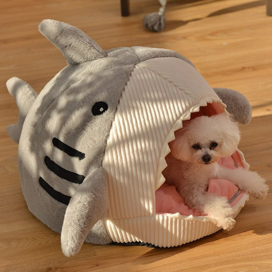 Novelty Shark Pet Cave Bed Enclosed Cozy Sleeping Nest for Cats and Small Dogs Soft Flannel Year Round Comfort Light Gray S Size
